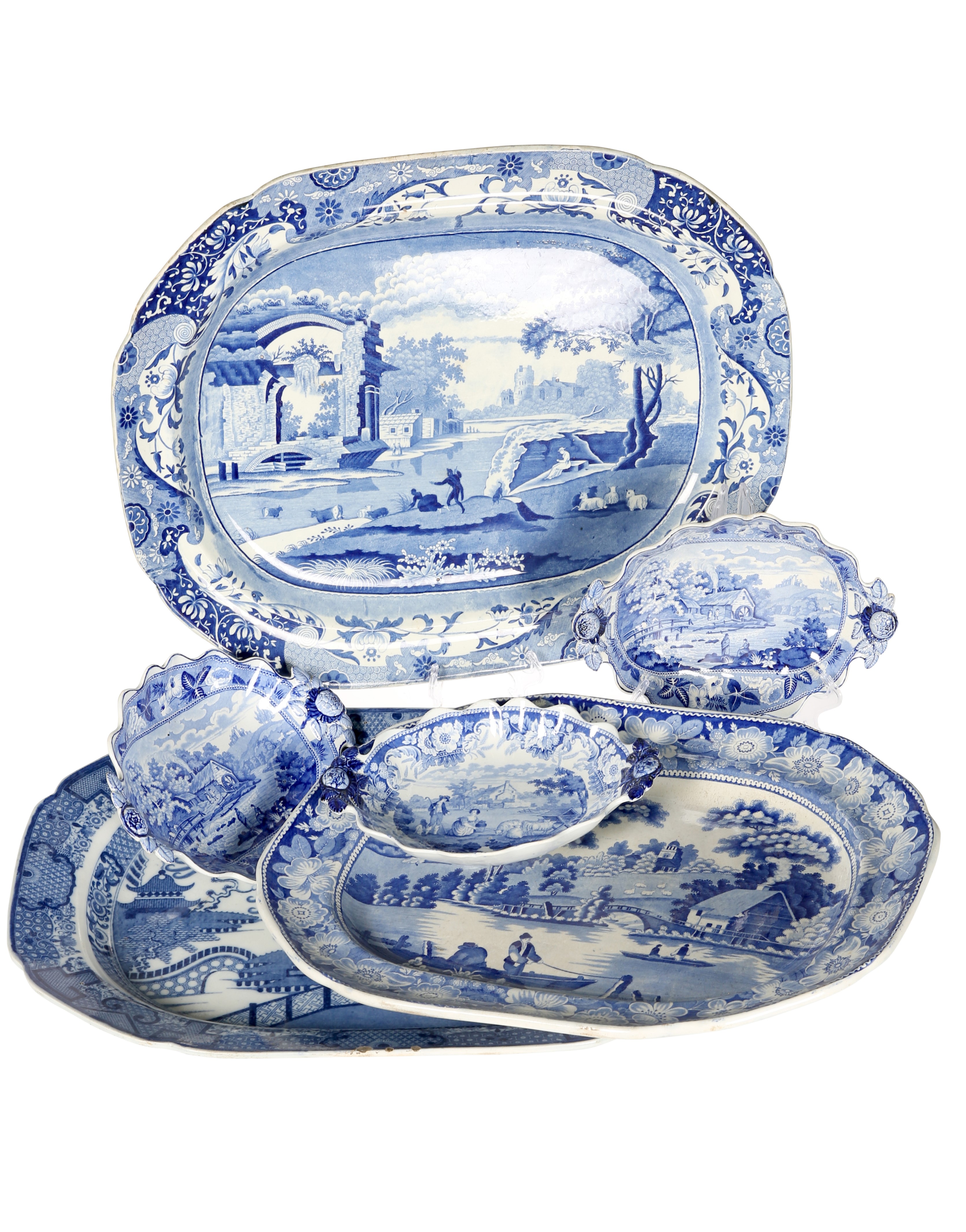 A GROUP OF 19TH CENTURY TRANSFER-PRINTED BLUE AND WHITE POTTERY