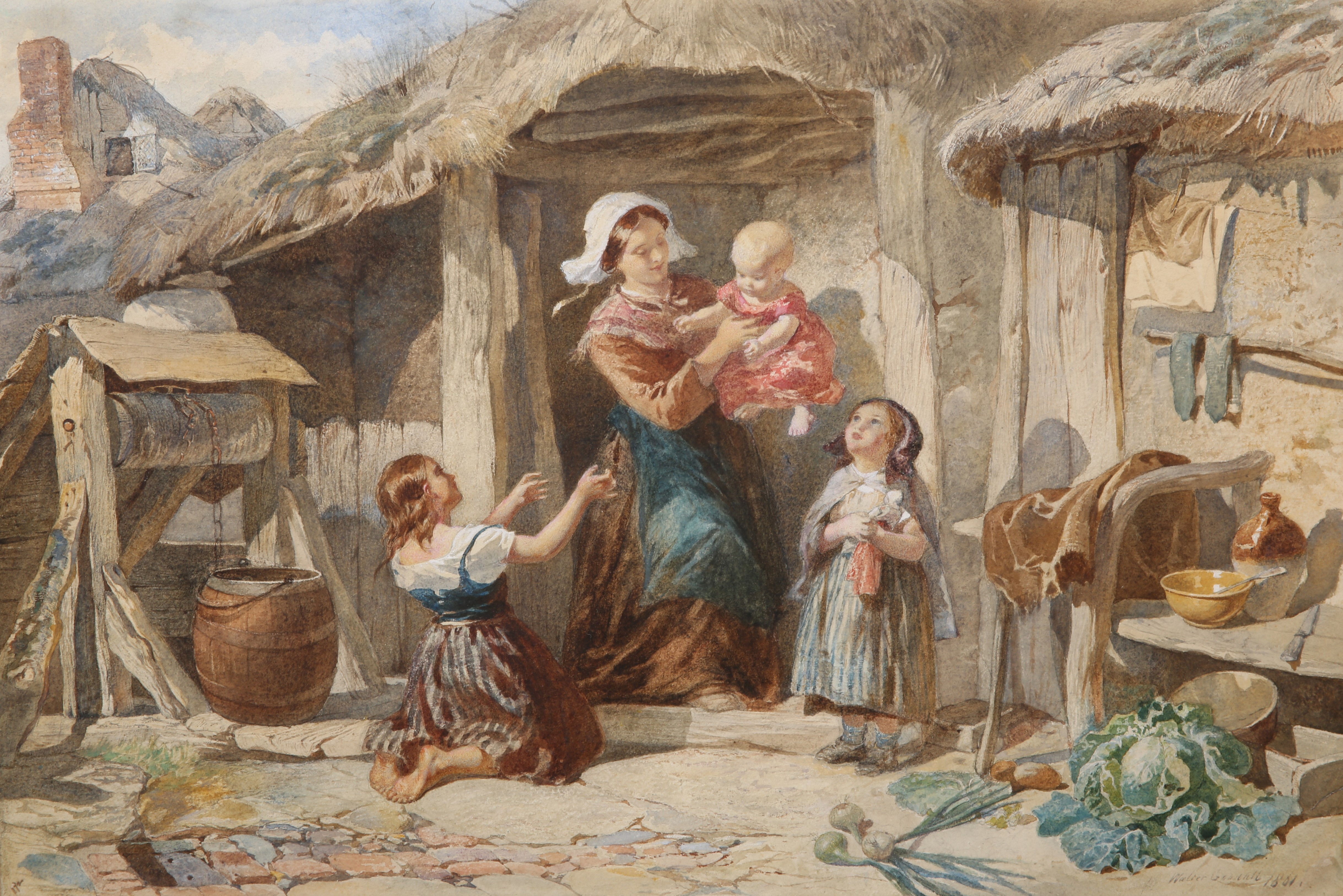 WALTER GOODALL (1830-1889), YOUNG FAMILY OUTSIDE A COTTAGE