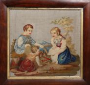 A 19TH CENTURY ROSEWOOD FRAMED NEEDLEWORK PICTURE