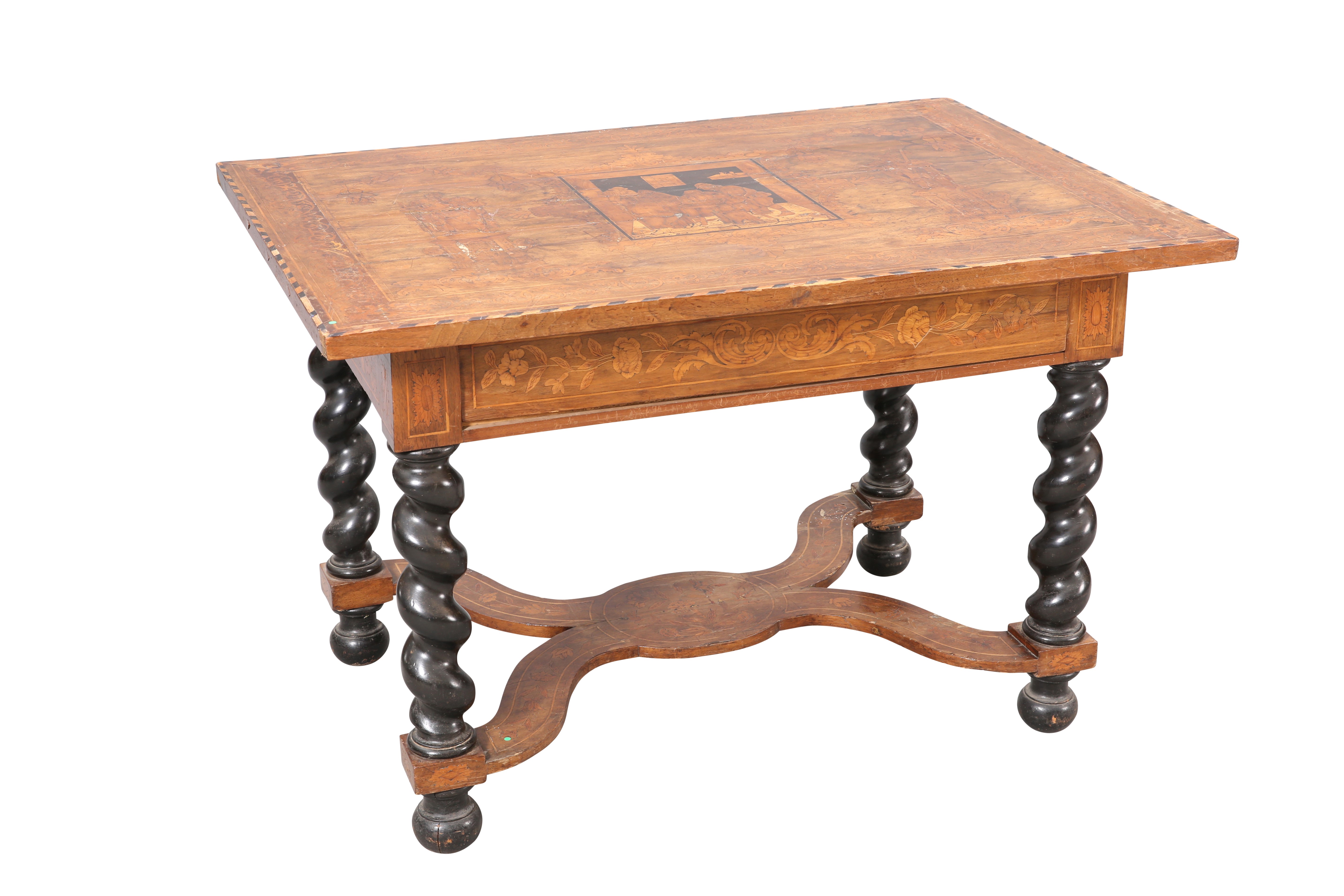 A DUTCH WALNUT, MARQUETRY AND EBONISED SIDE TABLE