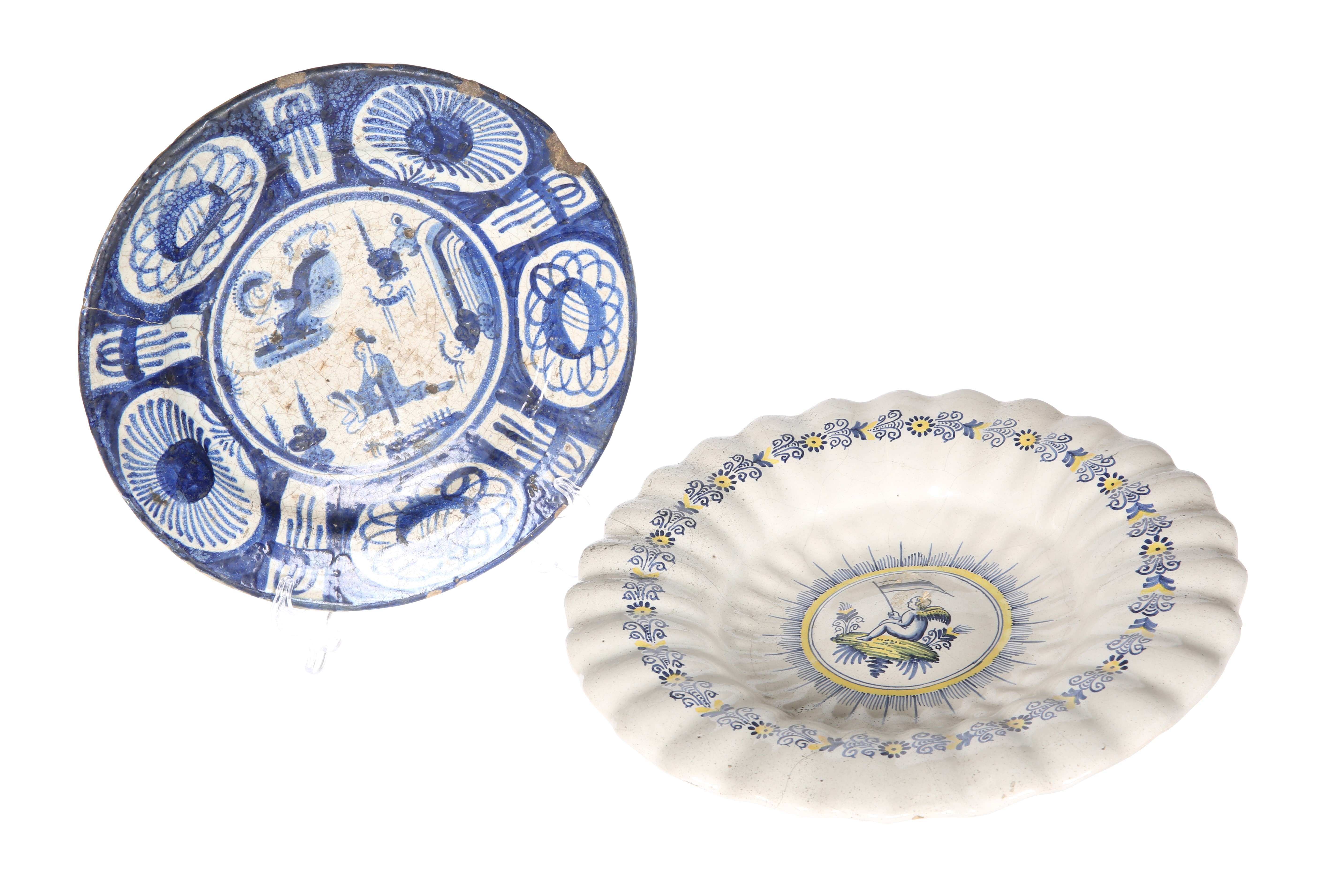 TWO CONTINENTAL TIN-GLAZED PLATES, 18TH CENTURY