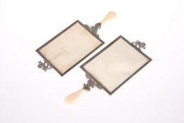 A PAIR OF VICTORIAN SILVER AND IVORY HANDLED MENU HOLDERS