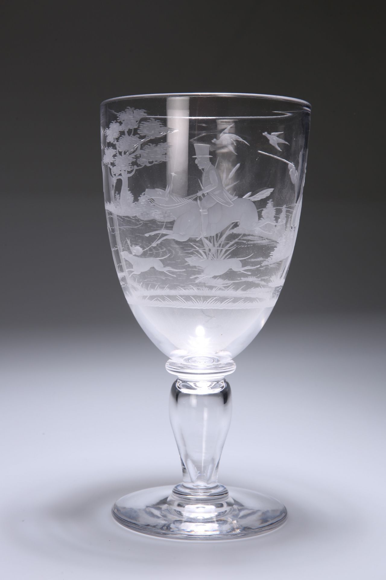 HUNTING INTEREST: A LARGE ENGRAVED RUMMER, 19TH CENTURY