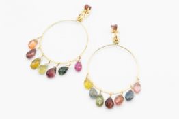 A PAIR OF 18CT YELLOW GOLD AND GEM SET HOOP EARRINGS