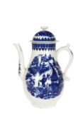 AN ENGLISH BLUE AND WHITE PORCELAIN COFFEE POT, LATE 18th CENTURY
