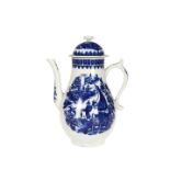 AN ENGLISH BLUE AND WHITE PORCELAIN COFFEE POT, LATE 18th CENTURY