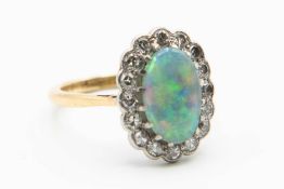 A LATE 19TH CENTURY 18CT YELLOW GOLD OPAL AND DIAMOND RING