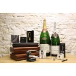 3 CIGAR HUMIDORS TOGETHER WITH 2 LARGE FORMAT 'DUMMY' CHAMPAGNE BOTTLES PLUS PARAPHERNALIA