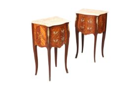 A PAIR OF FRENCH FLORAL MARQUETRY AND MARBLE-TOPPED SIDE TABLES