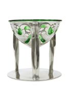 A LIBERTY & CO TUDRIC PEWTER AND GREEN GLASS COUPE, DESIGNED BY ARCHIBALD KNOX