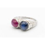 A SAPPHIRE AND RUBY RING