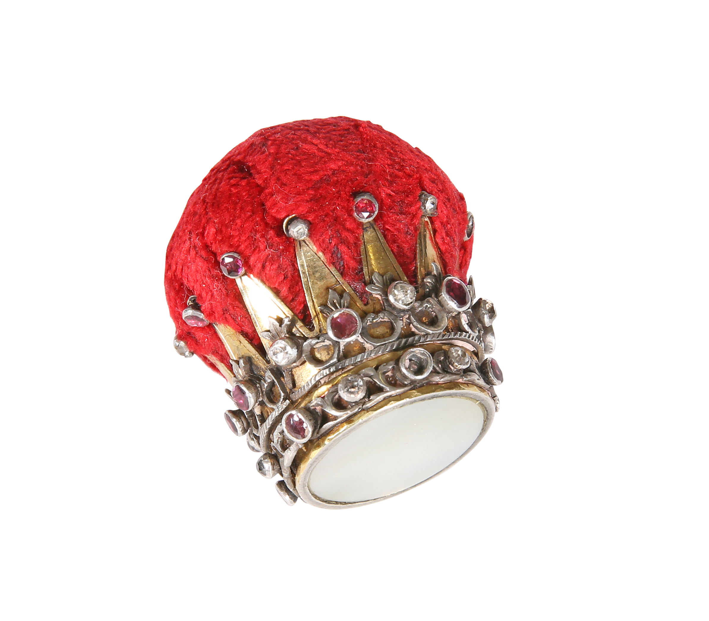 A LATE 19TH CENTURY NOVELTY CROWN FORM PIN CUSHION