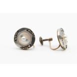 A PAIR OF DIAMOND, CULTURED PEARL AND MOTHER OF PEARL EARRINGS
