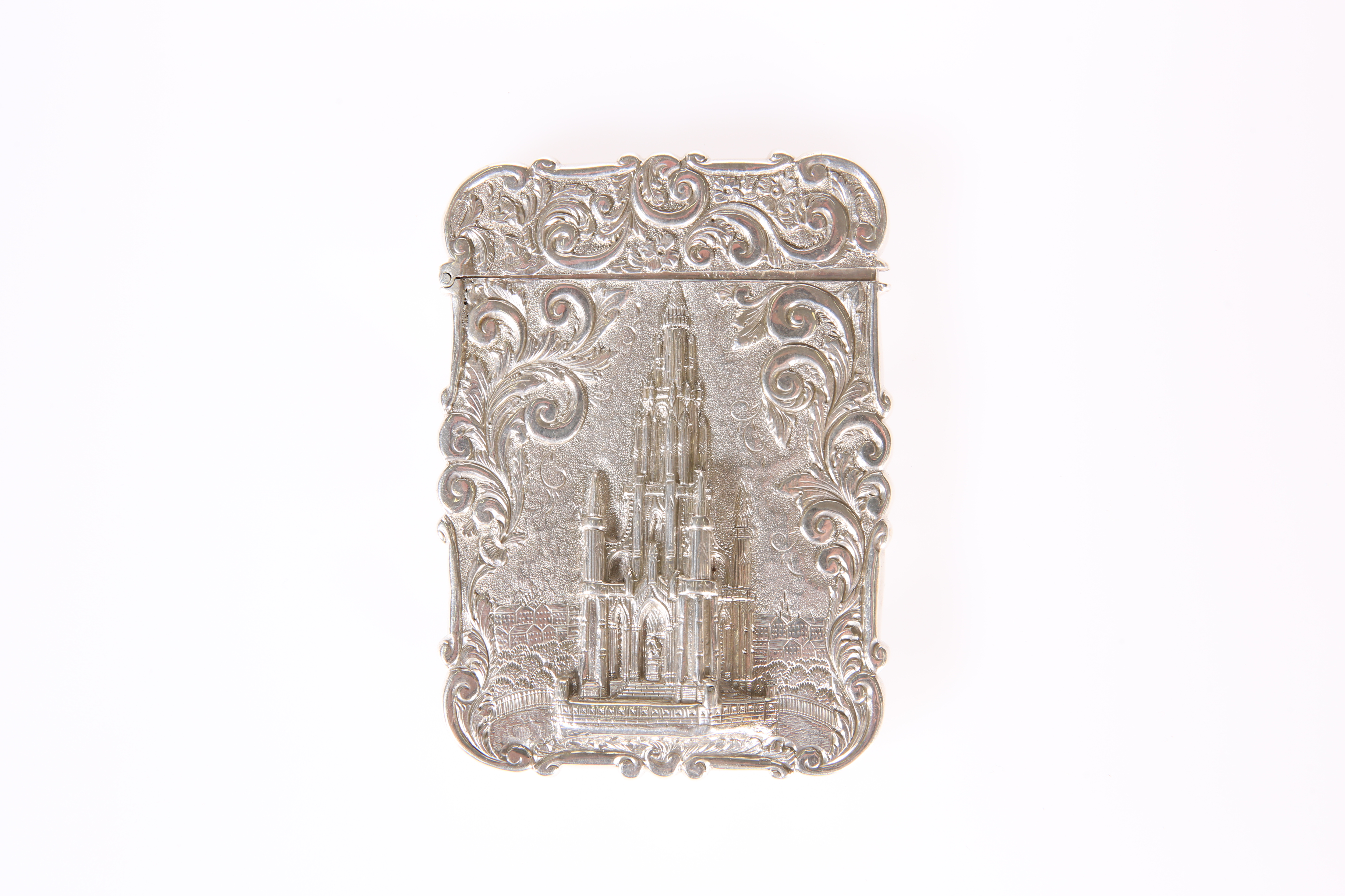 A VICTORIAN SILVER CASTLE TOP CARD CASE, NATHANIEL MILLS