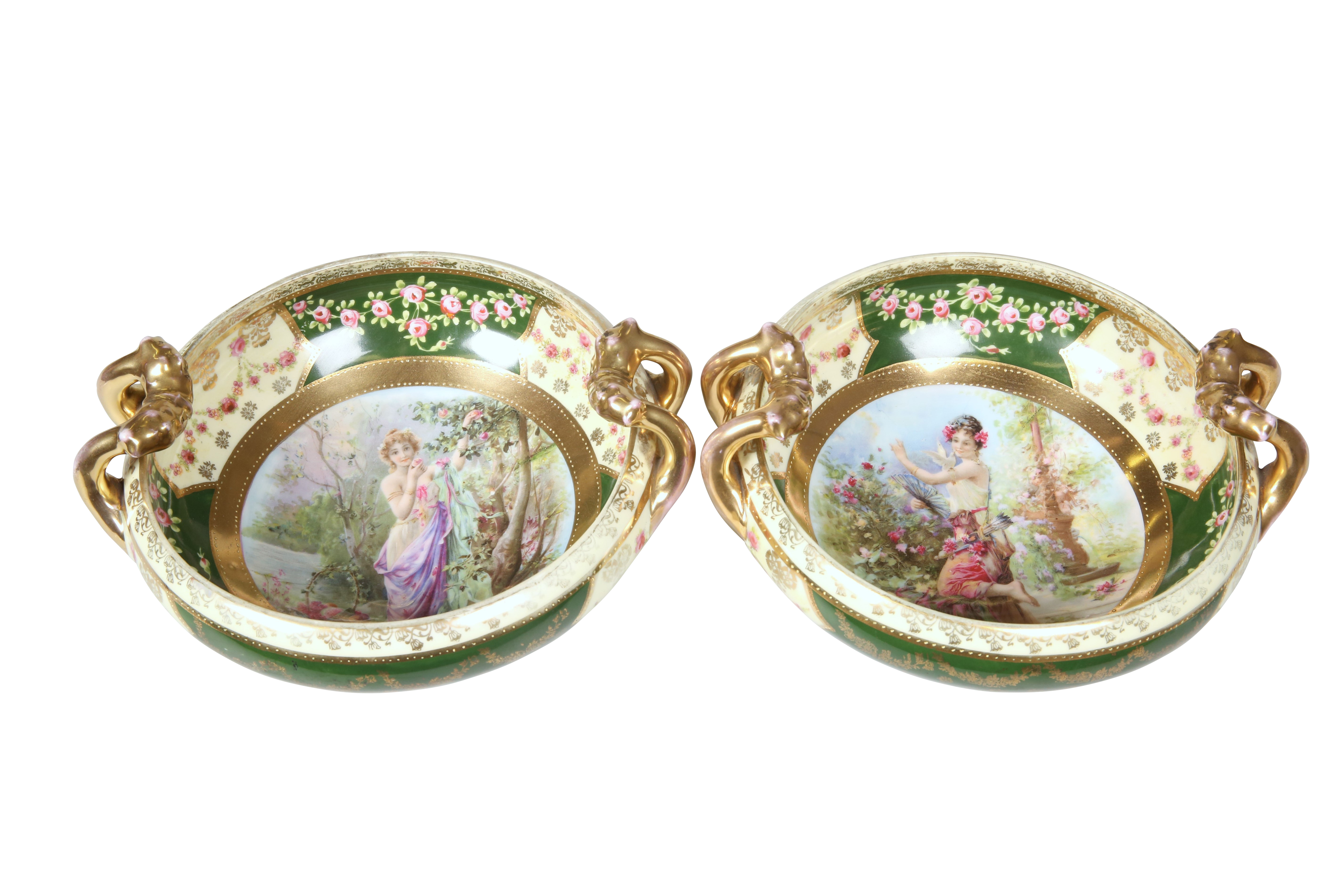 A PAIR OF CONTINENTAL PORCELAIN TWO-HANDLED BOWLS