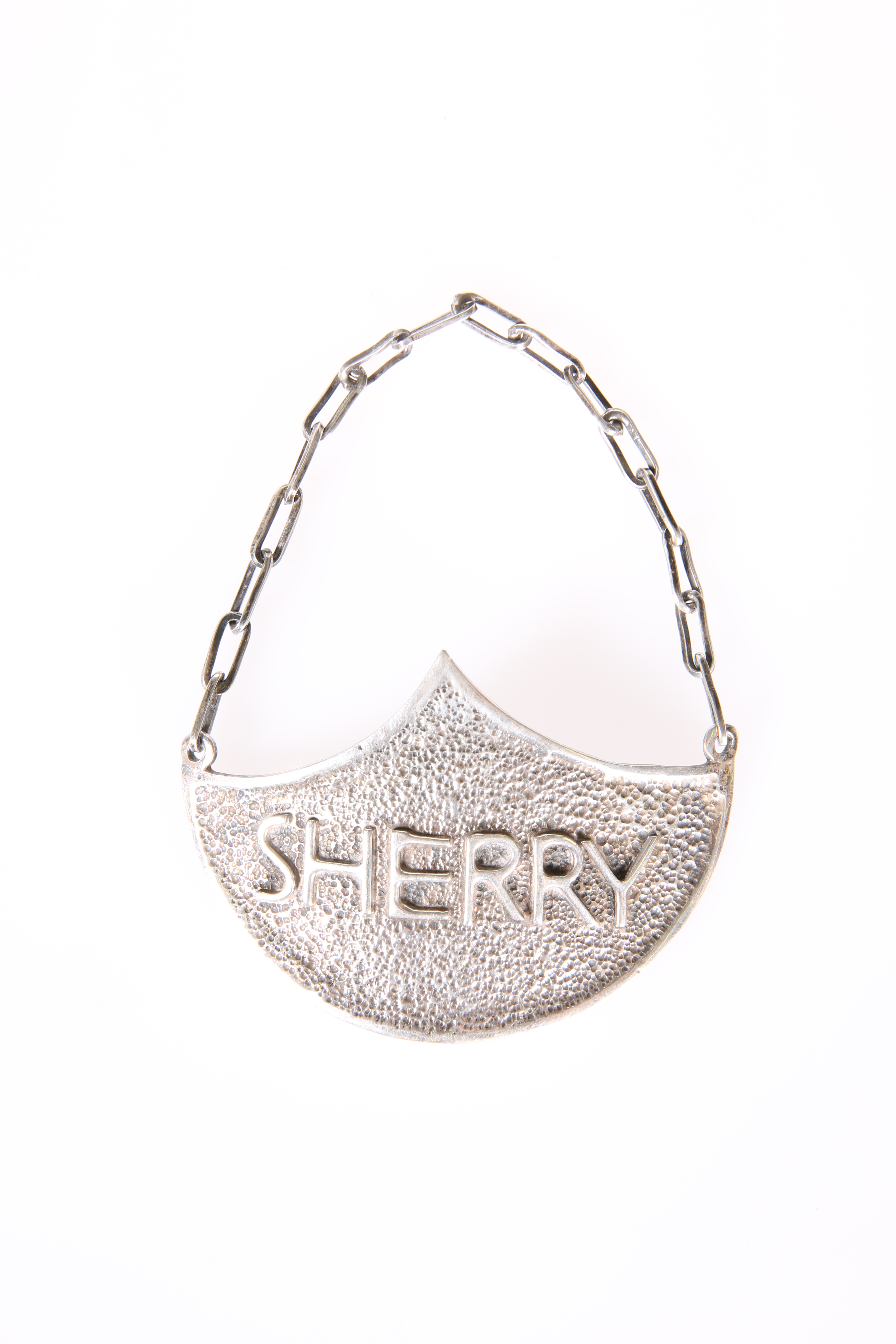 A SILVER DECANTER LABEL, SHERRY, LONDON 1972
