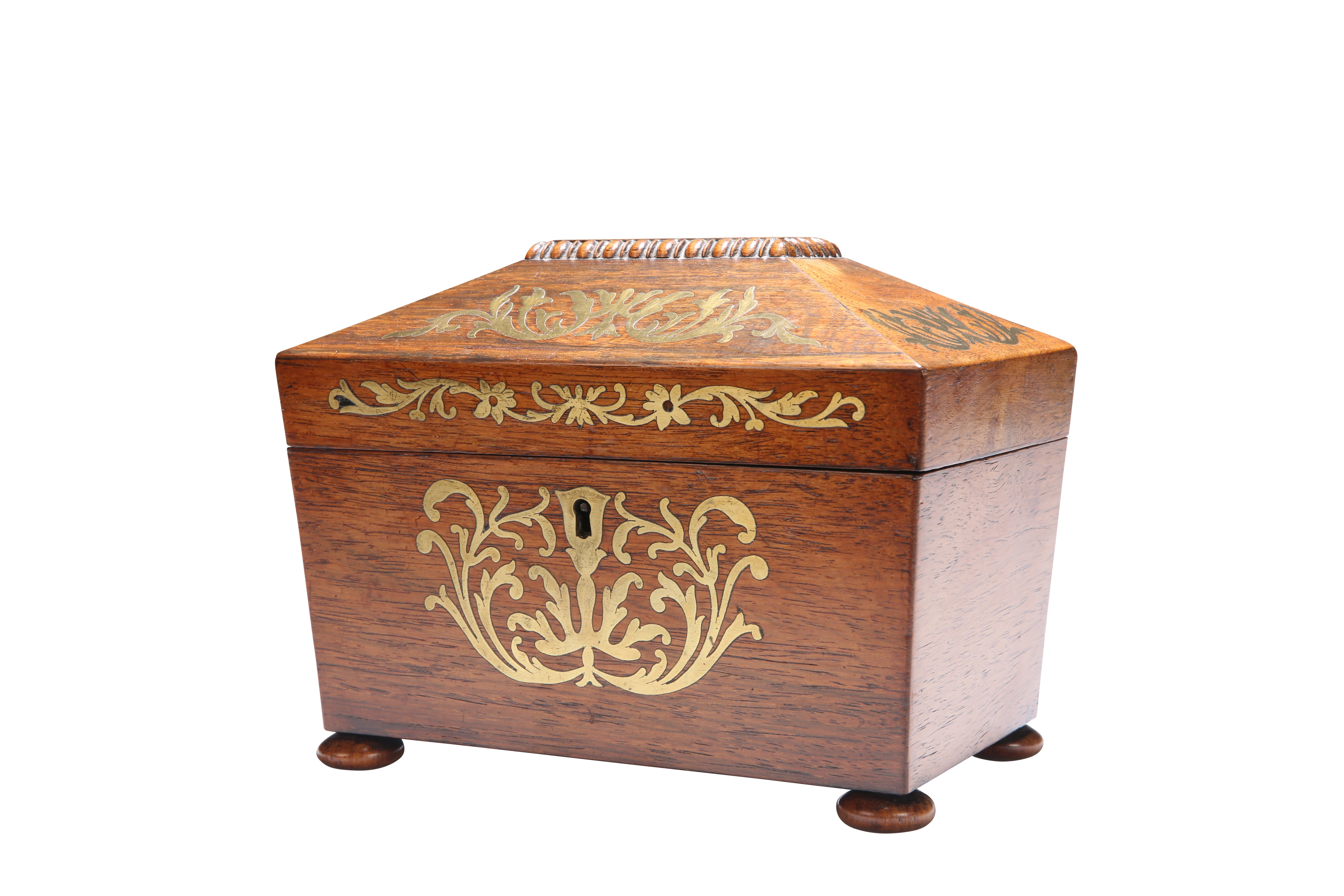 A REGENCY BRASS INLAID ROSEWOOD TEA CADDY