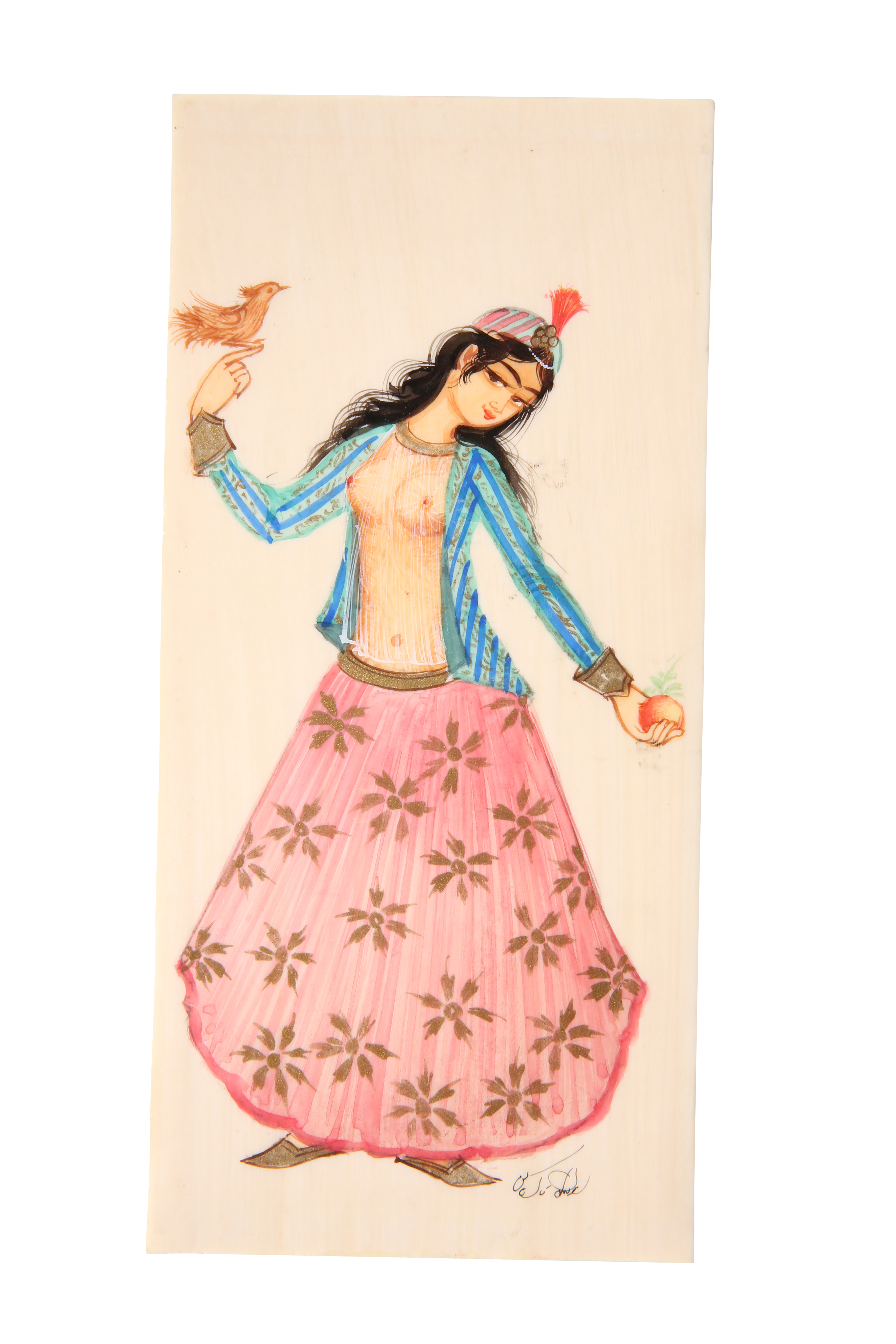 AN INDIAN PAINTED IVORY EROTIC PANEL OF A DANCING GIRL