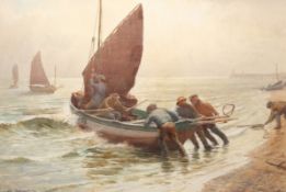 WILLIAM KAY BLACKLOCK (1972-1924), FISHERMEN LAUNCHING A ROWING BOAT