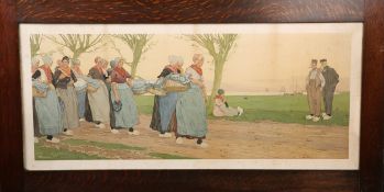 AFTER HENRI CASSIERS, A PAIR OF ARTS AND CRAFTS OAK FRAMED CHROMOLITHOGRAPHIC PRINTS