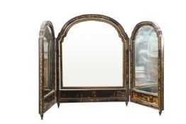 A QUEEN ANNE STYLE JAPANNED TRIPTYCH DRESSING TABLE MIRROR