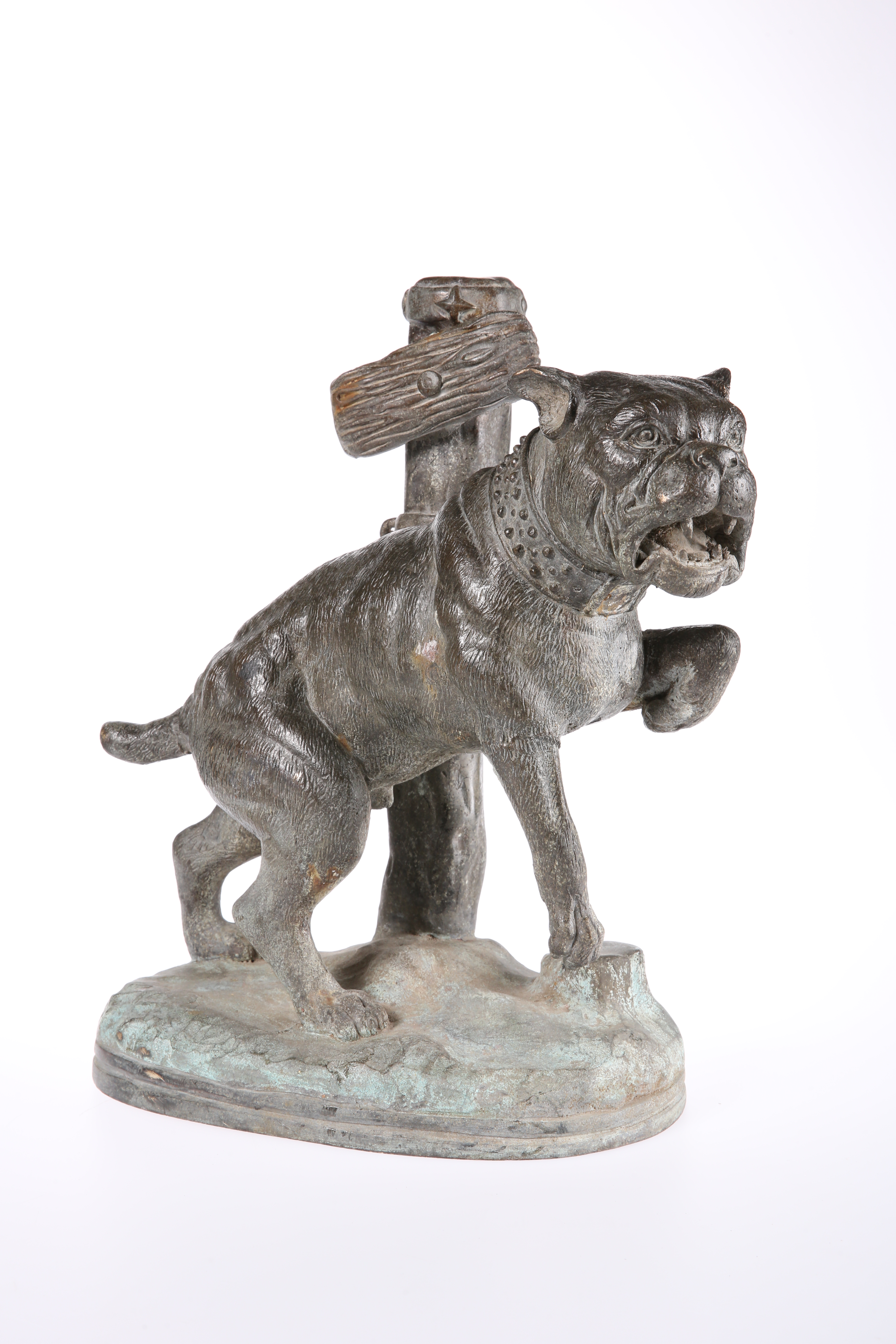 A FRENCH BRONZE OF A BULL MASTIFF DOG TIED TO A POST