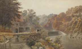 EDWARD J. DUVAL (ACT.1876-1916), OLD BUILDINGS BY A RIVER