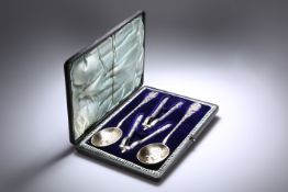 A CASED SET OF TWO PAIRS OF SILVER-PLATED NUTCRACKERS AND A PAIR OF SERVING SPOONS
