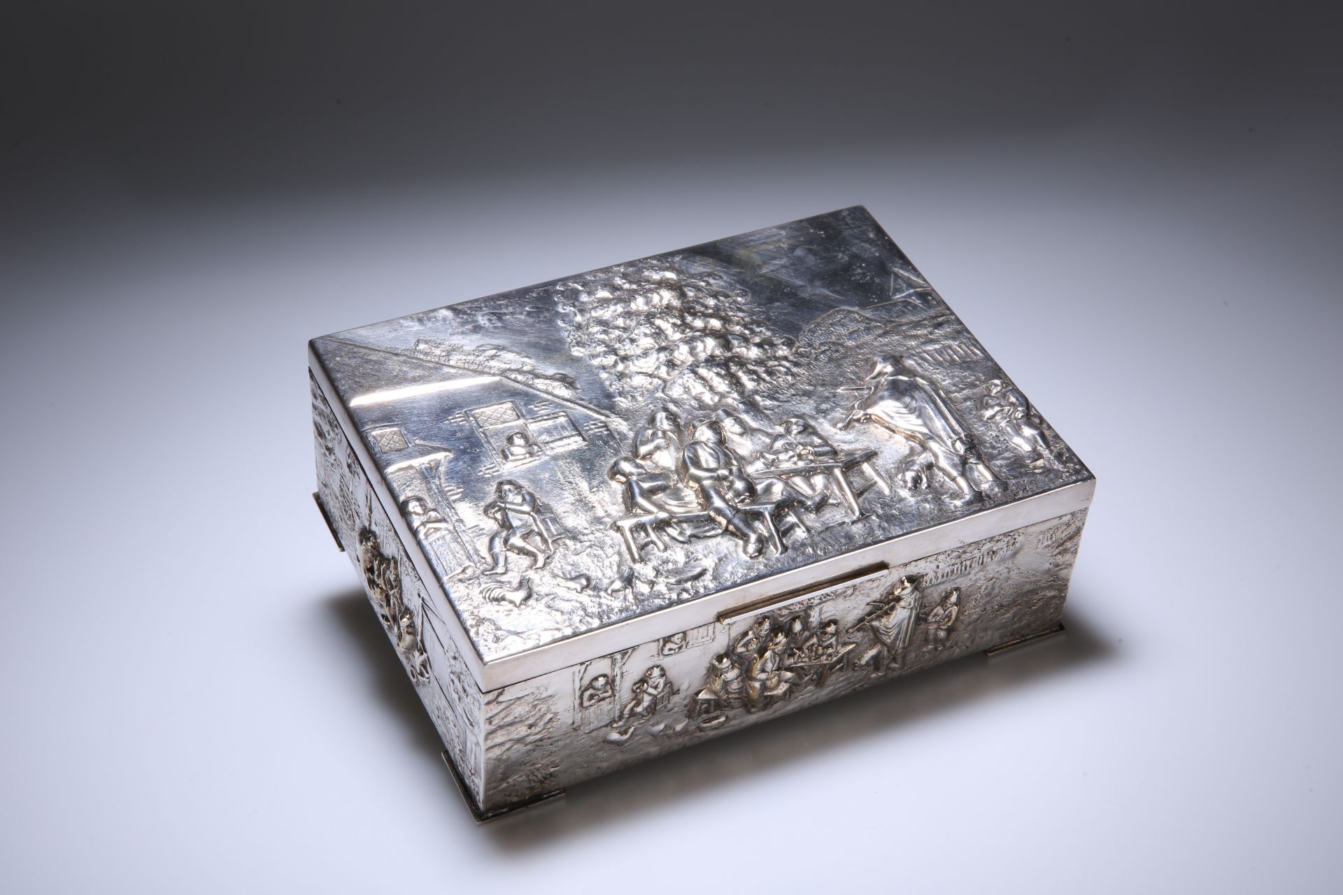 A SILVER-PLATED CIGARETTE BOX, c. 1900