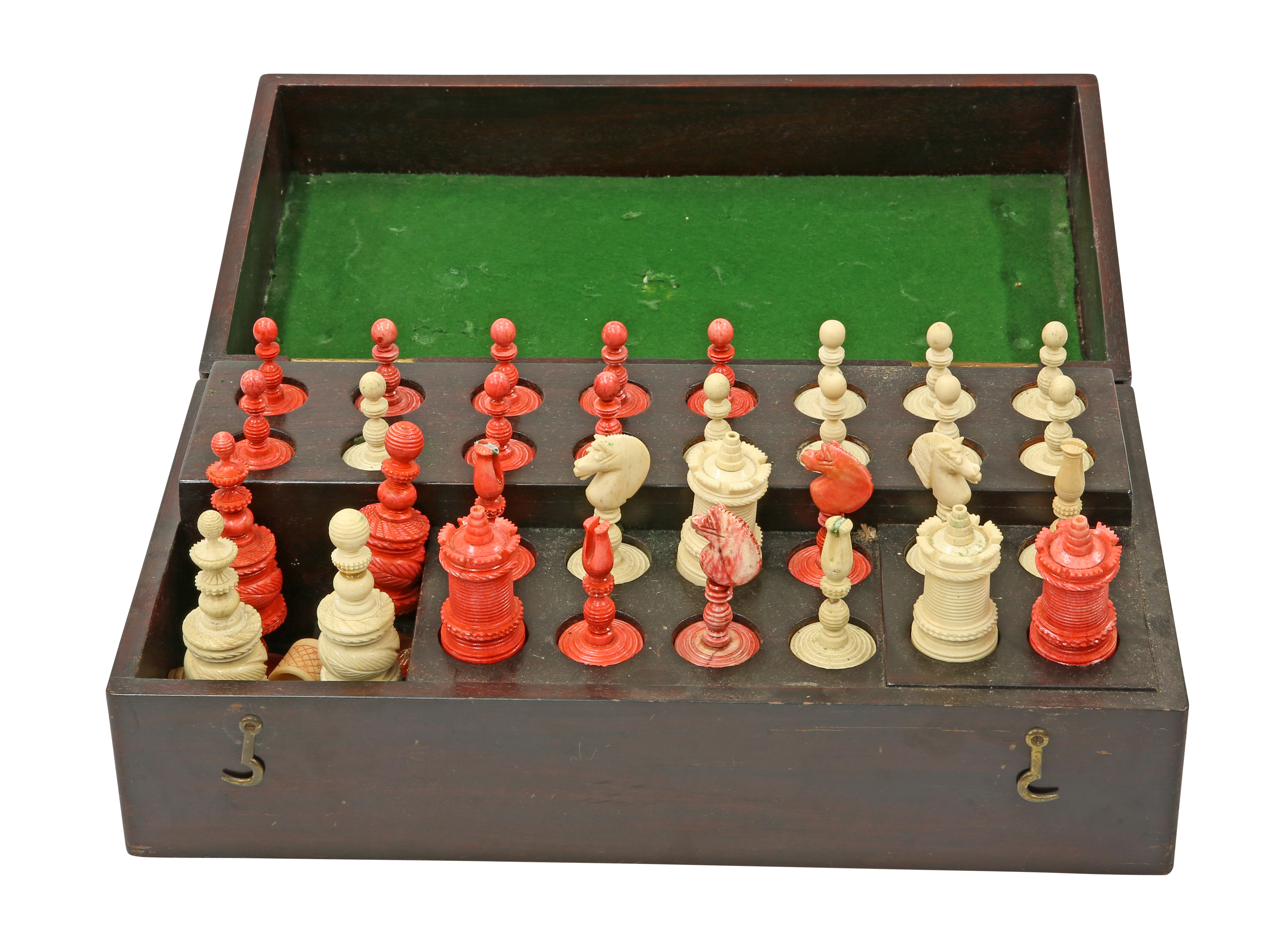 A STAINED AND NATURAL BONE BARLEYCORN PATTERN CHESS SET