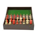 A STAINED AND NATURAL BONE BARLEYCORN PATTERN CHESS SET