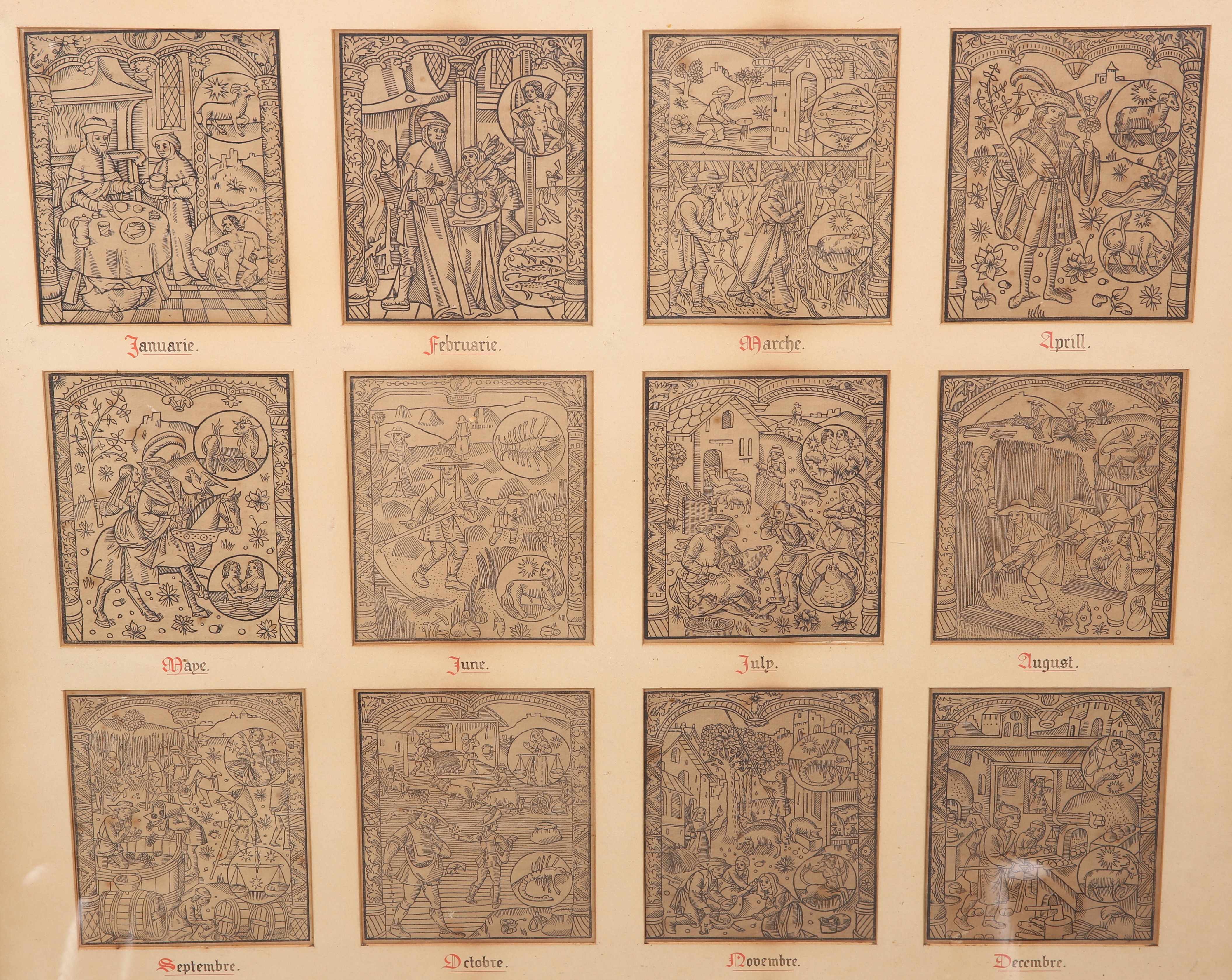 A FRAMED SET OF WOODBLOCK PRINTS, AFTER THE NUREMBERG CALENDAR ORIGINALS