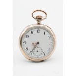 AN 0.800 GRADE SILVER OPEN FACED POCKET WATCH.