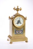 A FRENCH BRASS AND CHAMPLEVE ENAMEL MANTEL CLOCK, C.1900
