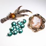 A GROUSE FOOT, CAMEO BROOCH AND GREEN PASTE BROOCH