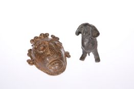 AN AFRICAN BRONZE FACE MASK, together with AN AFRICAN BRONZE FIGURE