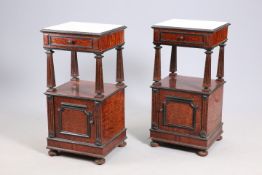 A FINE PAIR OF 19TH CENTURY MARBLE-TOPPED AMBOYNA BEDSIDE TABLES