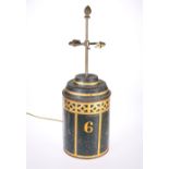 A 19th CENTURY TOLEWARE CANISTER, MOUNTED AS A TABLE LAMP