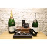 3 WOODEN CIGAR HUMIDORS TOGETHER WITH 2 LARGE FORMAT ‘DUMMY’ CHAMPAGNE BOTTLES PLUS FURTHER ITEMS AN