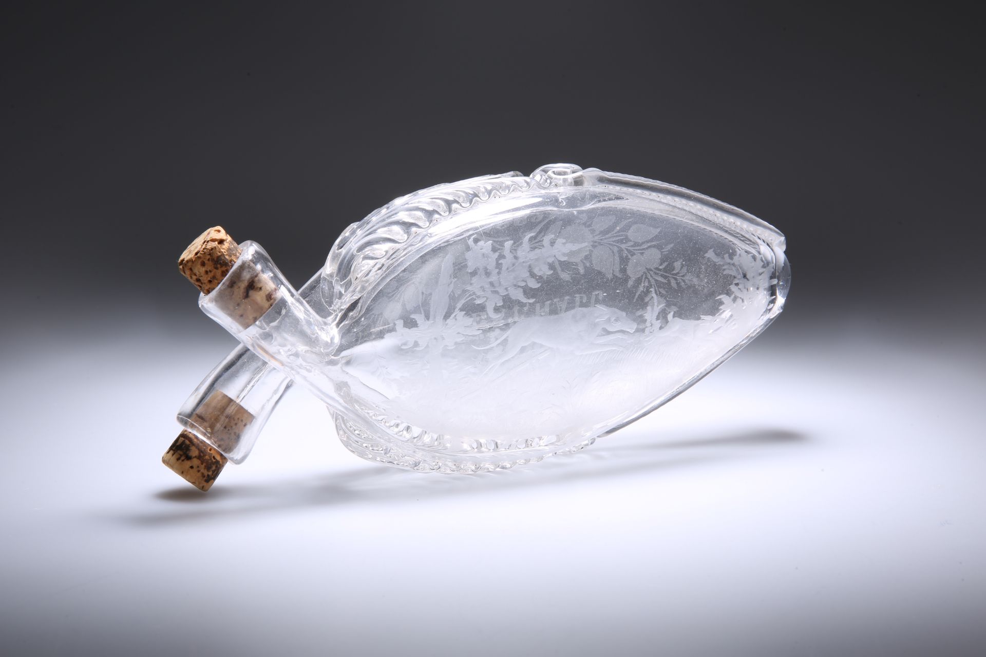 A 19th CENTURY ETCHED GLASS GIMMEL FLASK