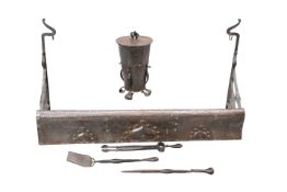 AN ARTS AND CRAFTS COPPER AND WROUGHT IRON FIRE SET