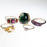 FOUR 9CT YELLOW GOLD AND GEM SET RINGS