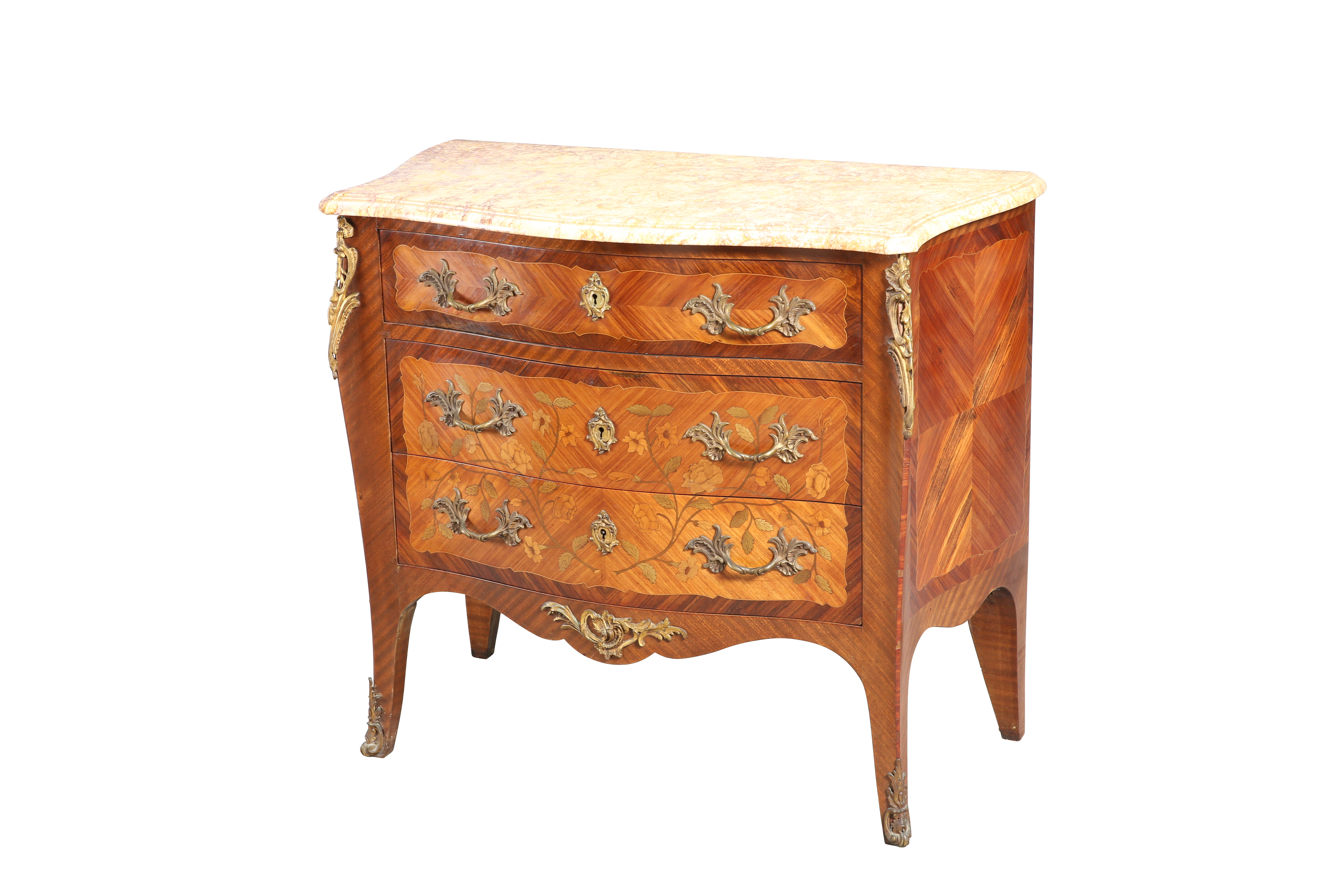 A LOUIS XV STYLE MARBLE-TOPPED FLORAL MARQUETRY COMMODE