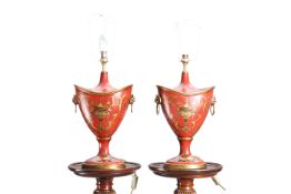 A PAIR OF RED "TOLE" TABLE LAMPS