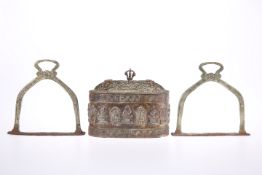 A TIBETAN BRASS BOX, 19TH CENTURY