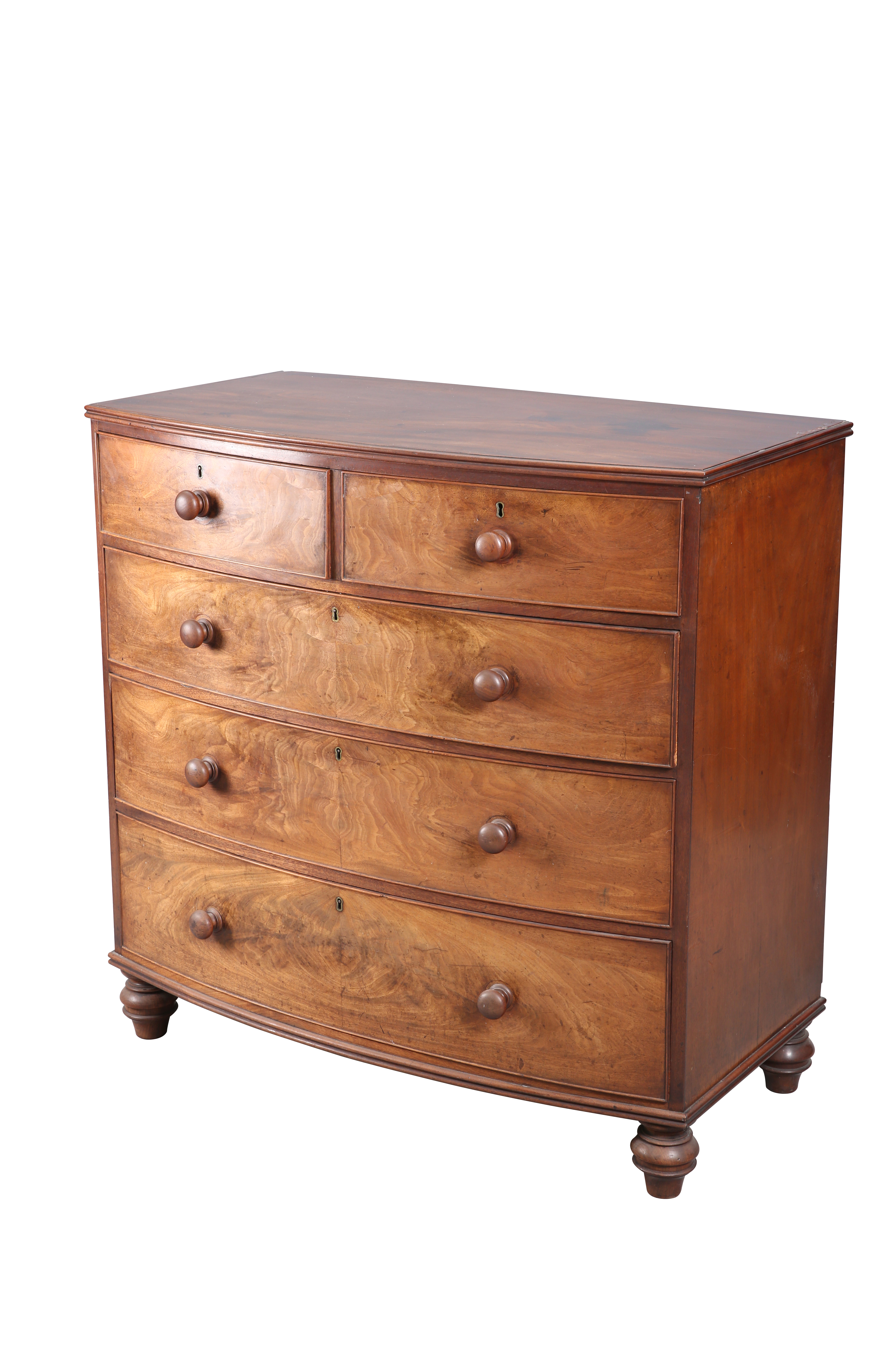 A VICTORIAN MAHOGANY BOW-FRONT CHEST OF DRAWERS,