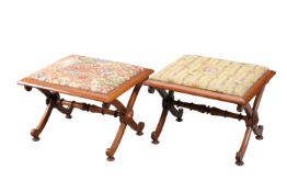 A PAIR OF 19TH CENTURY ROSEWOOD AND UPHOLSTERED STOOLS