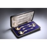 AN EDWARDIAN CASED SET OF SILVER-PLATED APOSTLE FRUIT SPOONS AND A SUGAR SIFTING SPOON