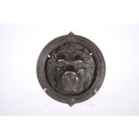 A PATINATED BRONZE LION MASK DOOR KNOCKER, EARLY 19th CENTURY