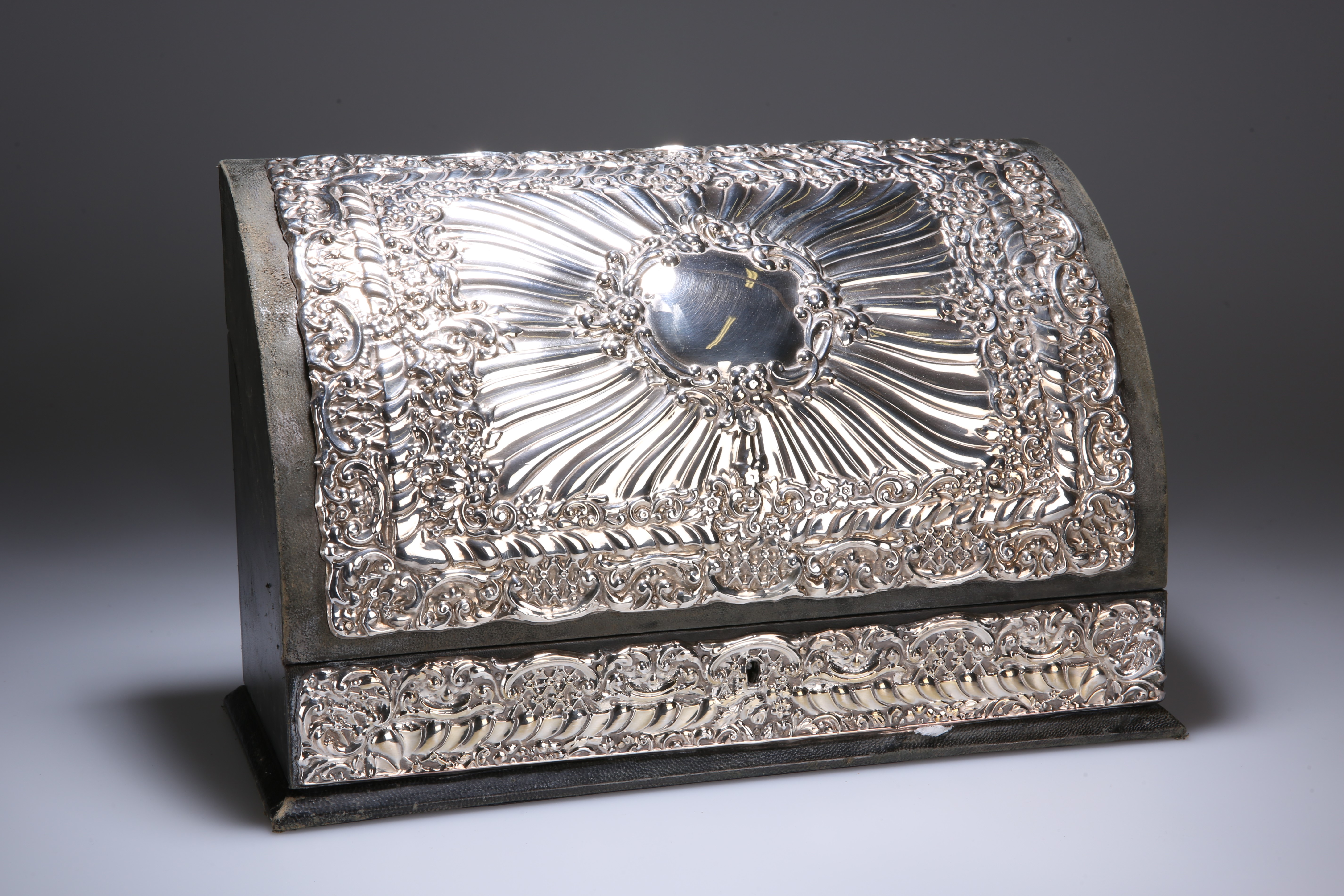 A SILVER-MOUNTED STATIONERY BOX IN 19th CENTURY STYLE